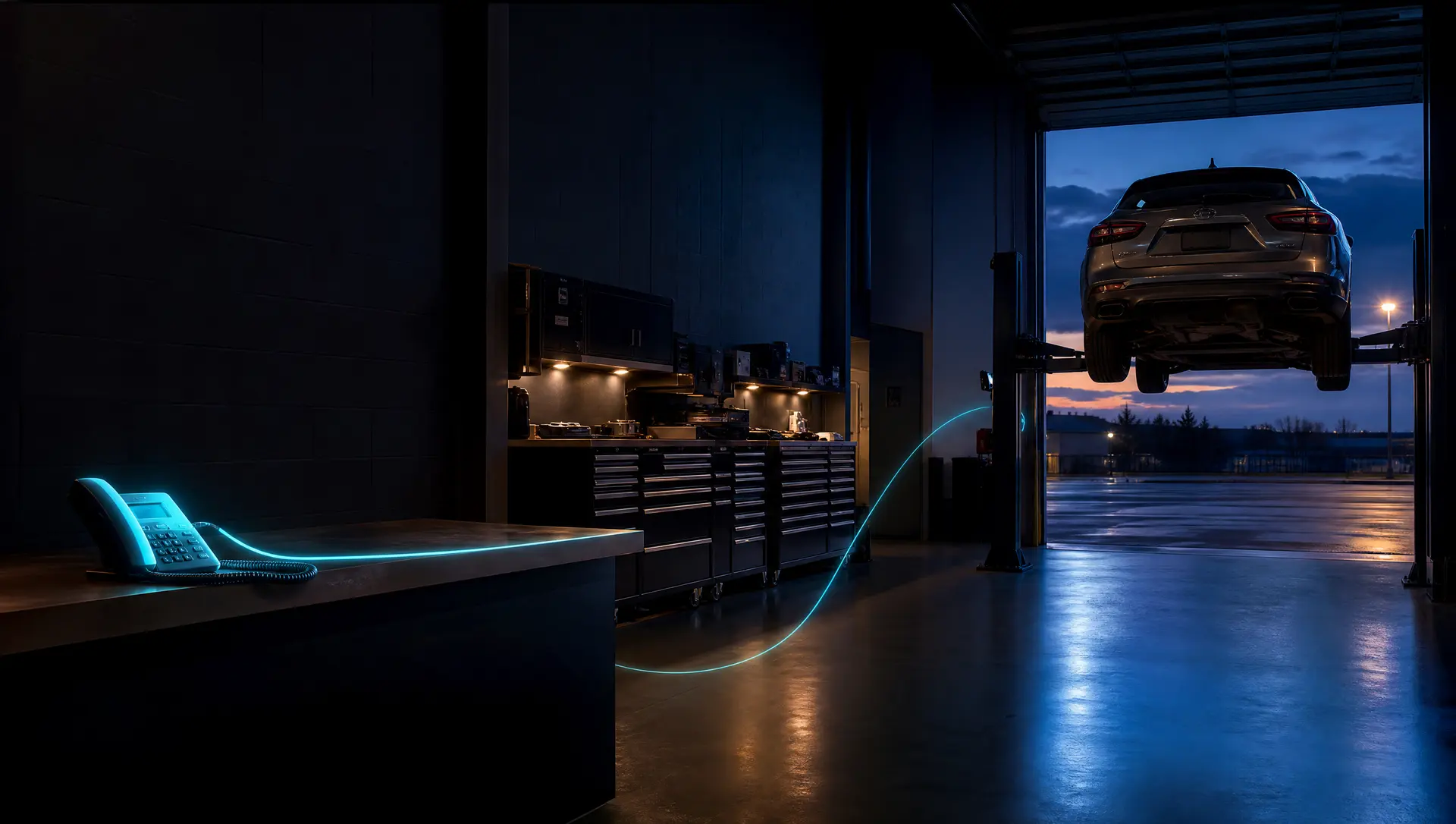 An auto repair shop at dusk with a car on a lift and the service counter phone glowing teal
