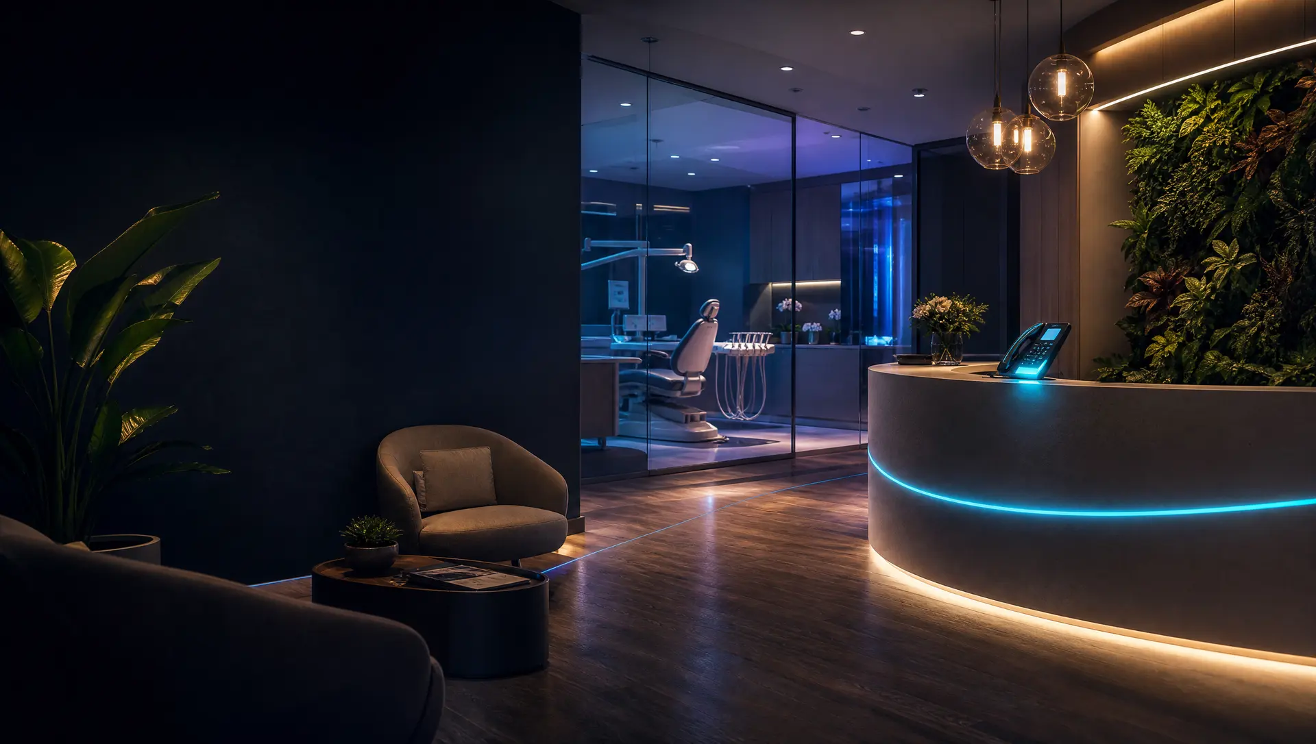 A modern dental practice reception lounge in the evening with the front desk phone glowing teal