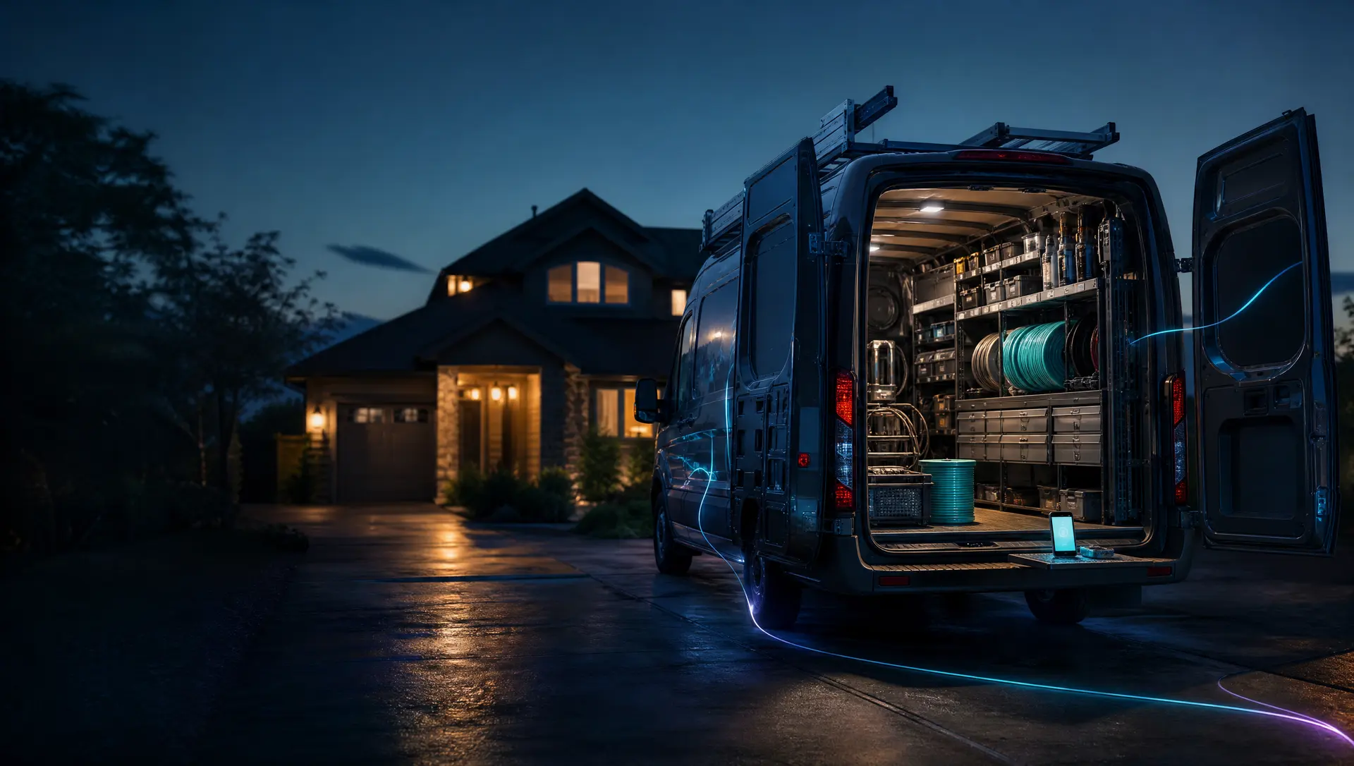 A home-services work van with organized tools in a driveway at dusk and a smartphone glowing on the bumper