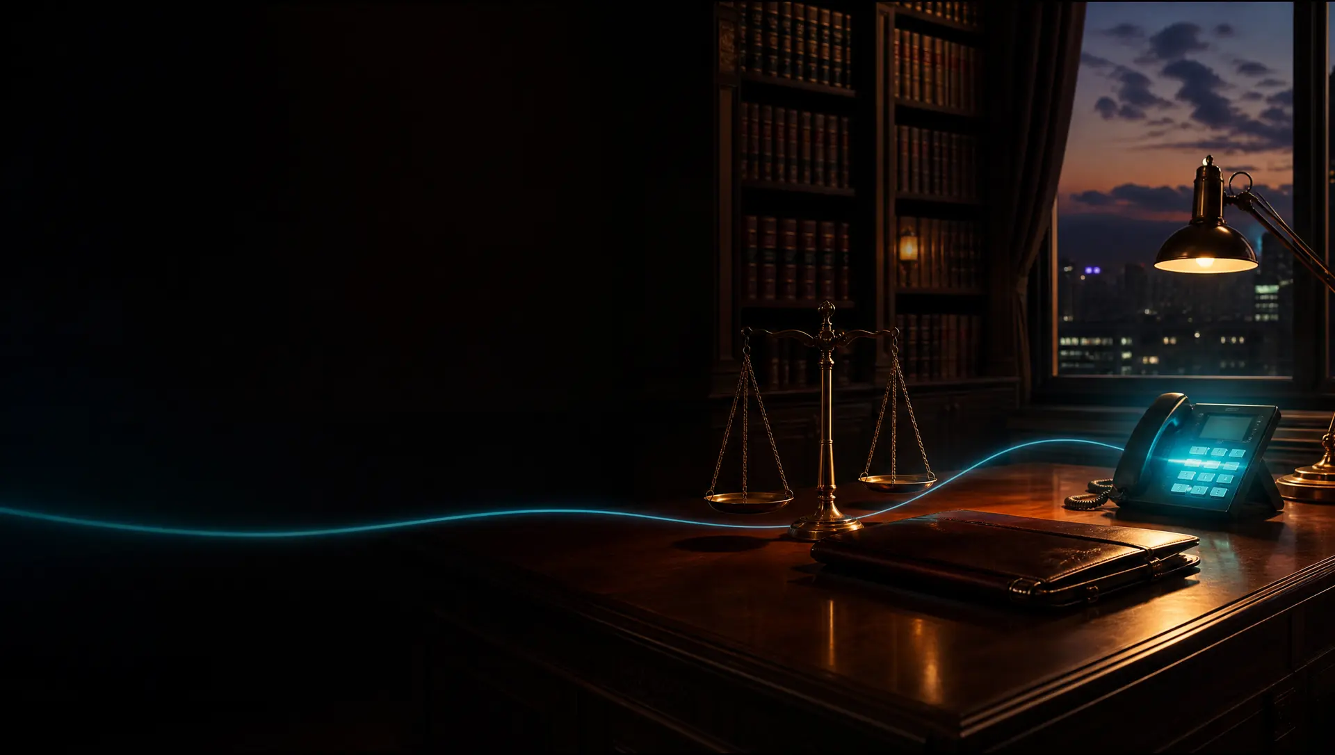 A law office at dusk with legal books, scales of justice and a desk phone glowing teal