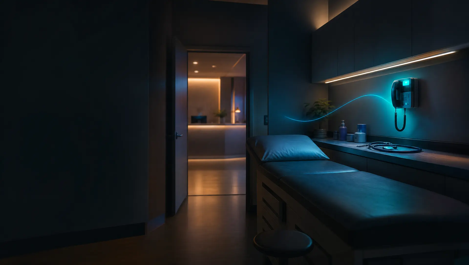 A calm medical exam room at dusk with a stethoscope on the counter and a phone glowing teal