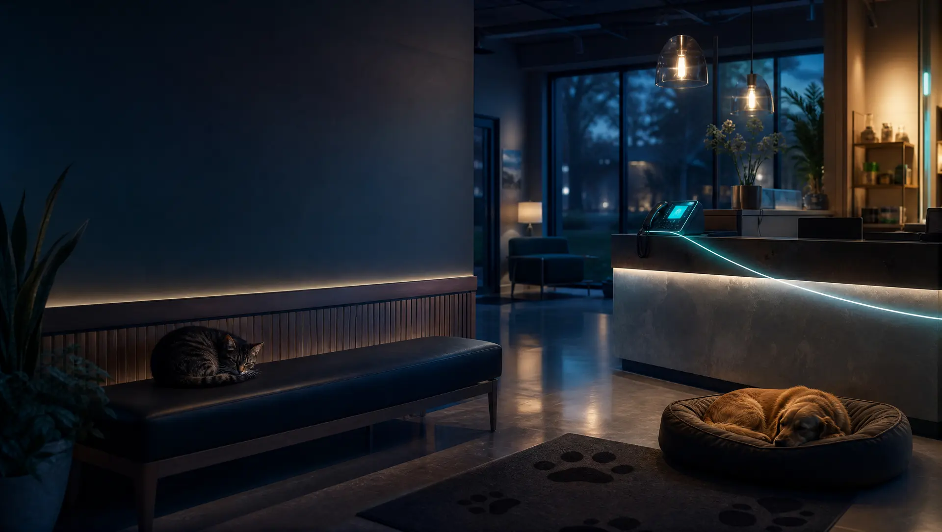 A veterinary clinic lobby in the evening with a cat on a bench and the front desk phone glowing teal