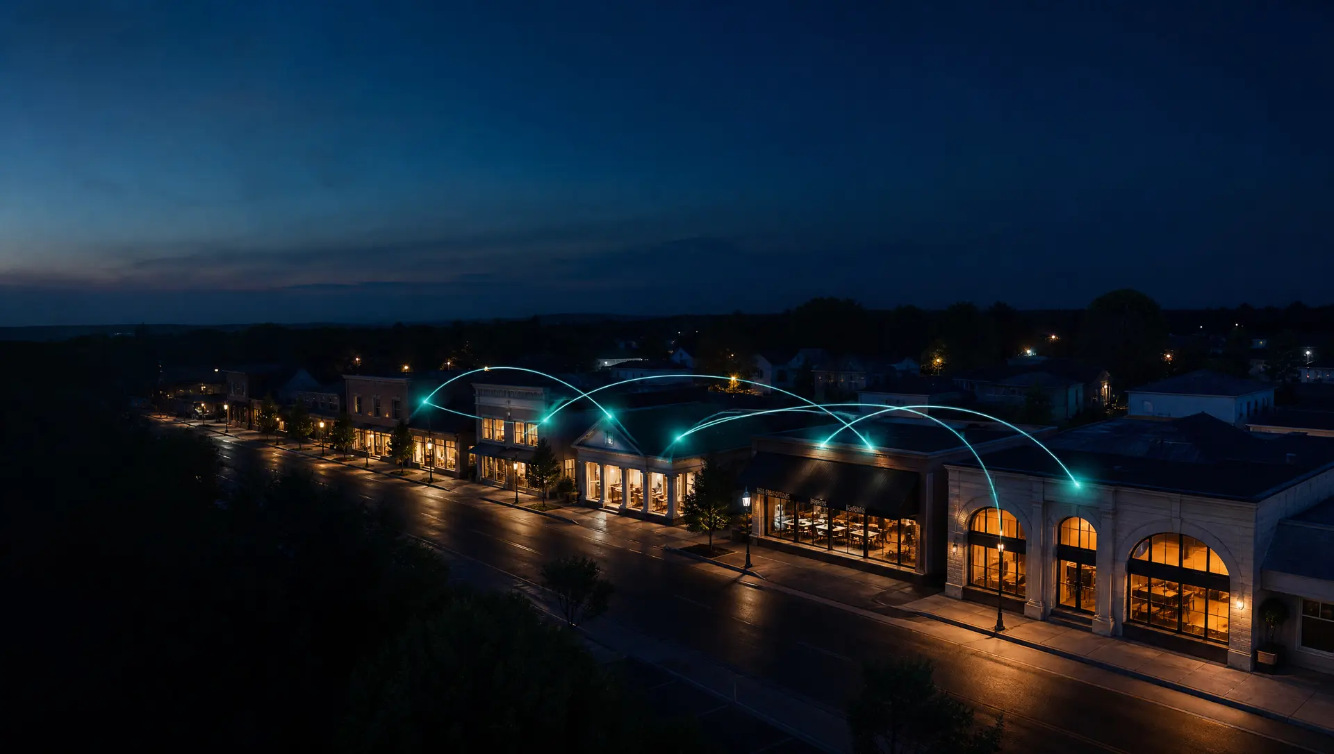 A small-town main street of local businesses at dusk, each connected by threads of light