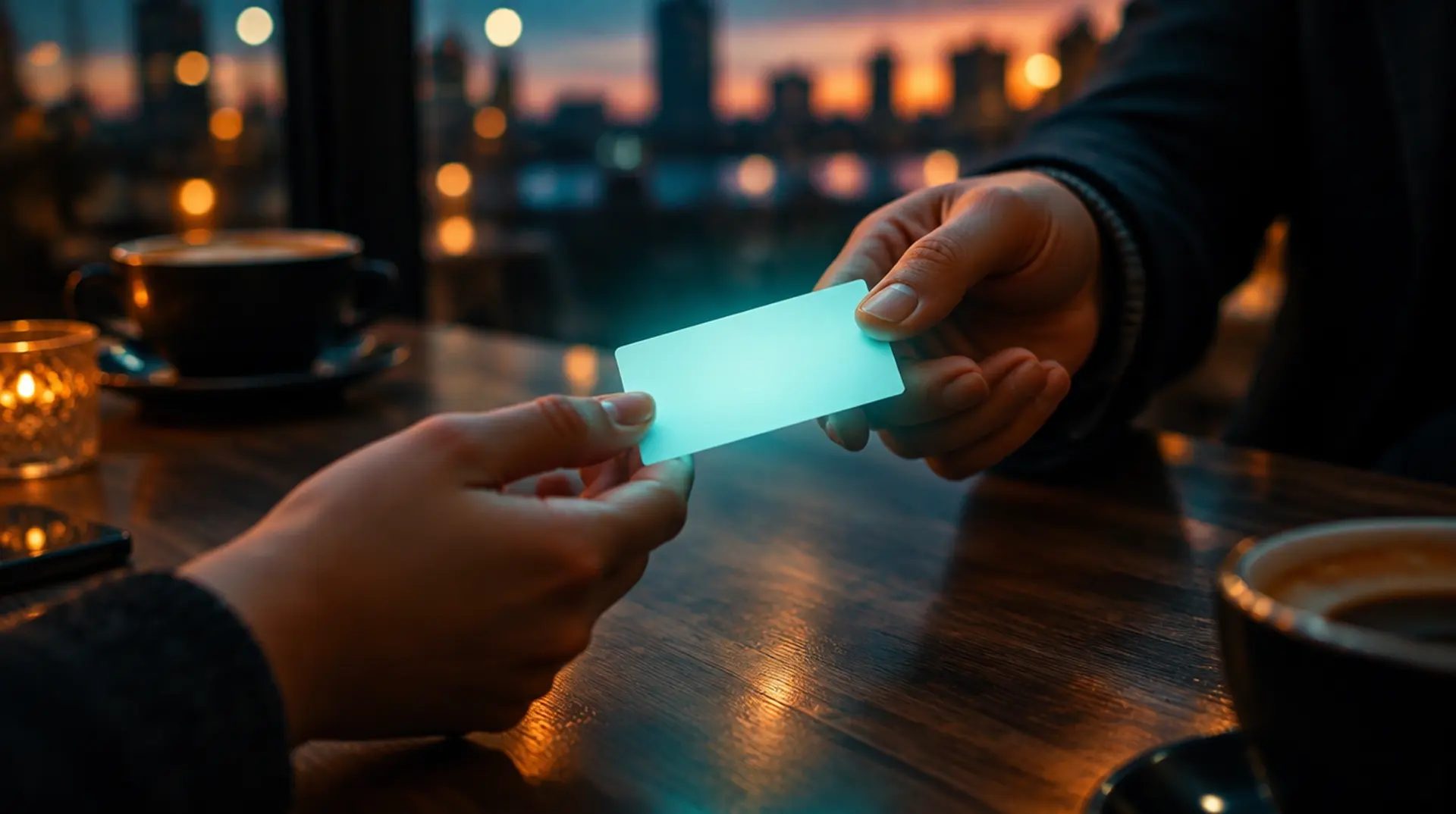 One hand passing a glowing blank business card to another across a cafe table, representing a referral