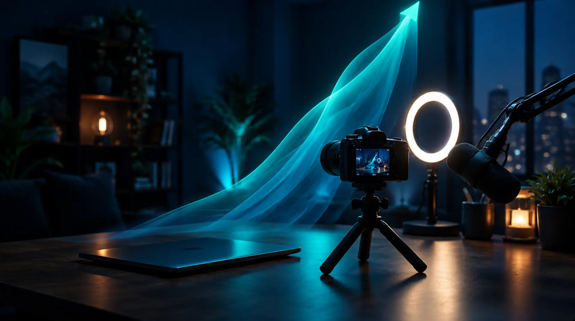 A creator's desk at night with a camera, ring light and microphone as ribbons of teal light rise like a growing chart