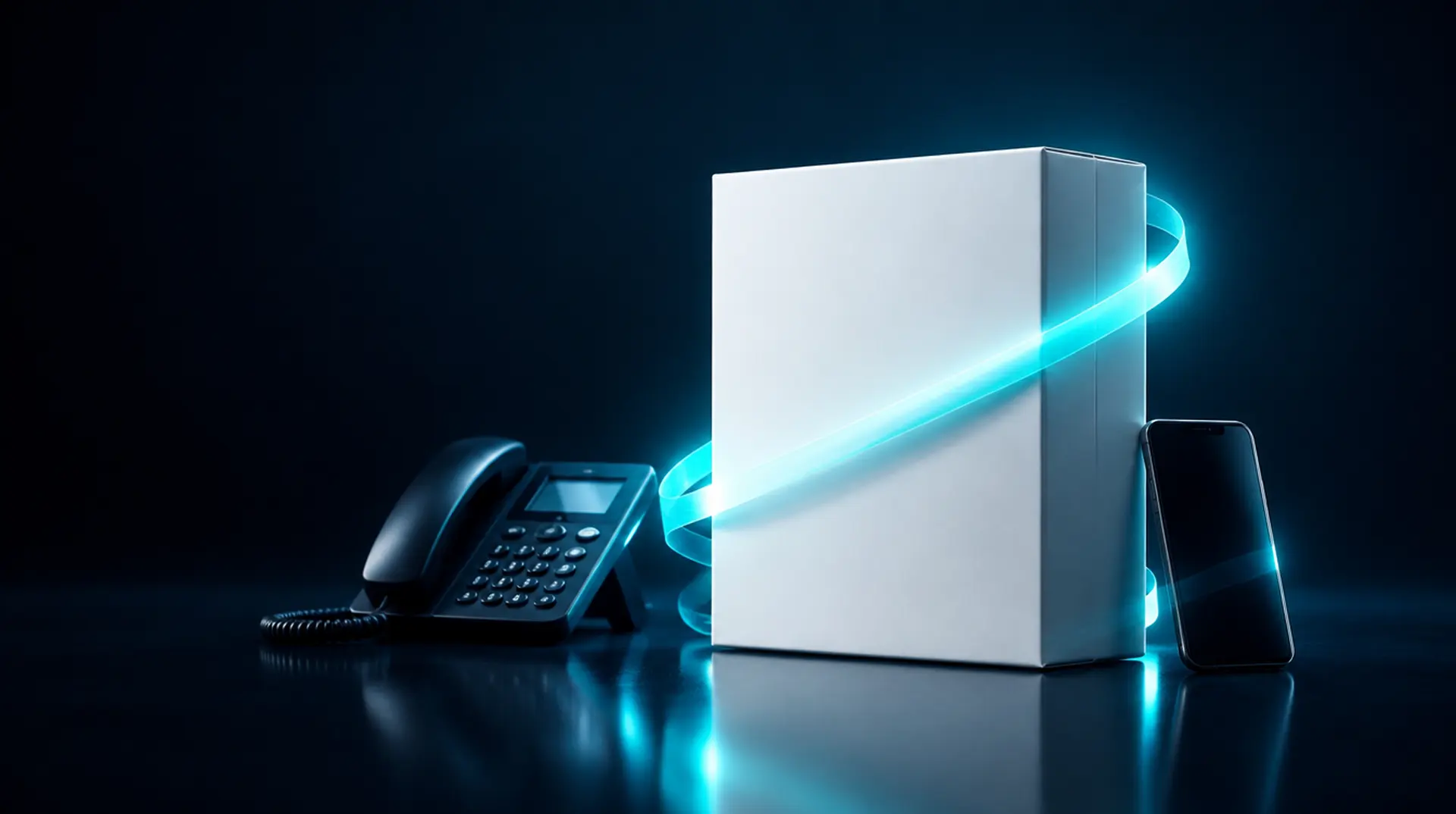 A blank white product box wrapped in a ribbon of teal light beside a desk phone and a smartphone, representing a product under your own brand