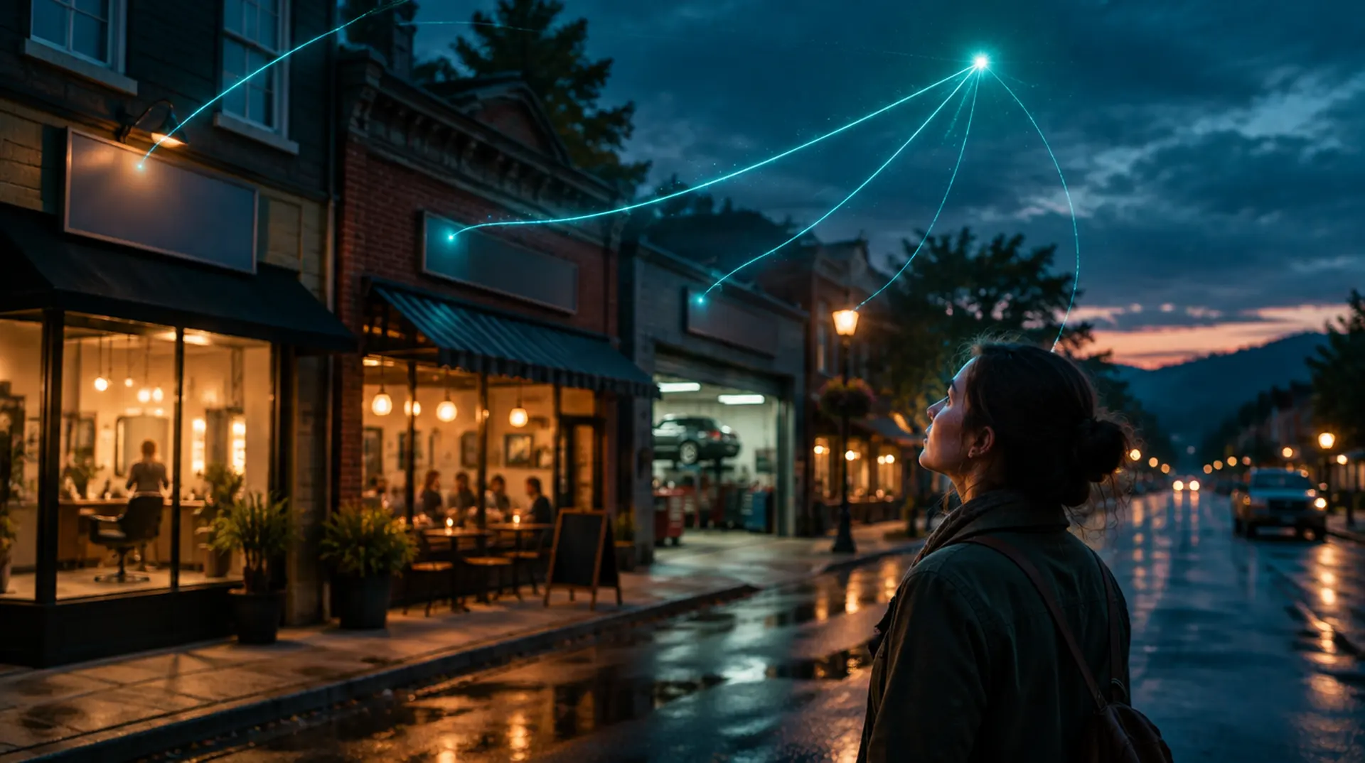 A small-town main street at dusk with threads of light connecting several storefronts to one glowing point