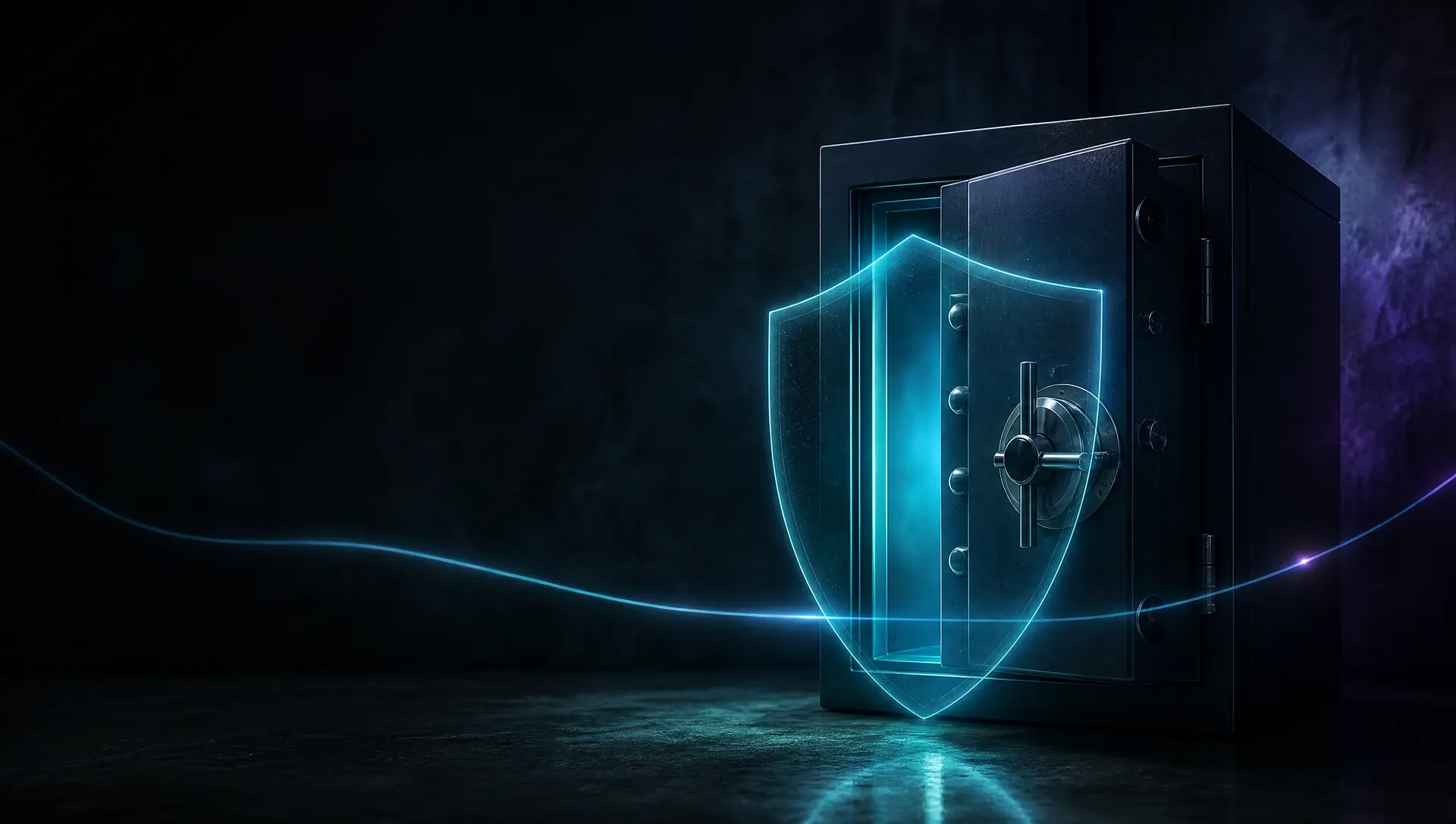 A steel safe door behind a glowing shield of light, representing privacy and protected data
