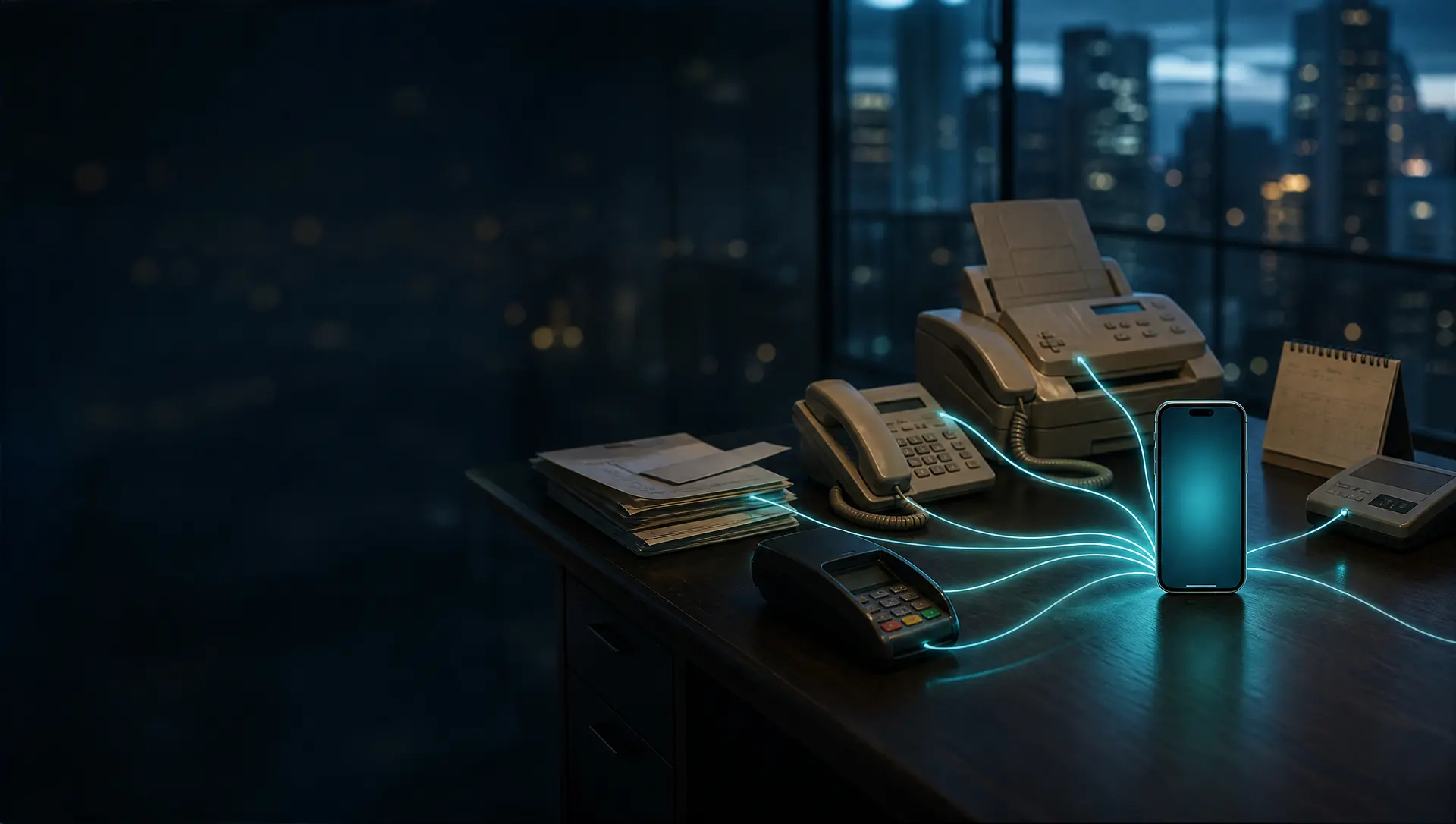 An office desk at dusk with a fax machine, desk phone, card terminal, invoices and calendar, each joined by threads of teal light into one glowing smartphone
