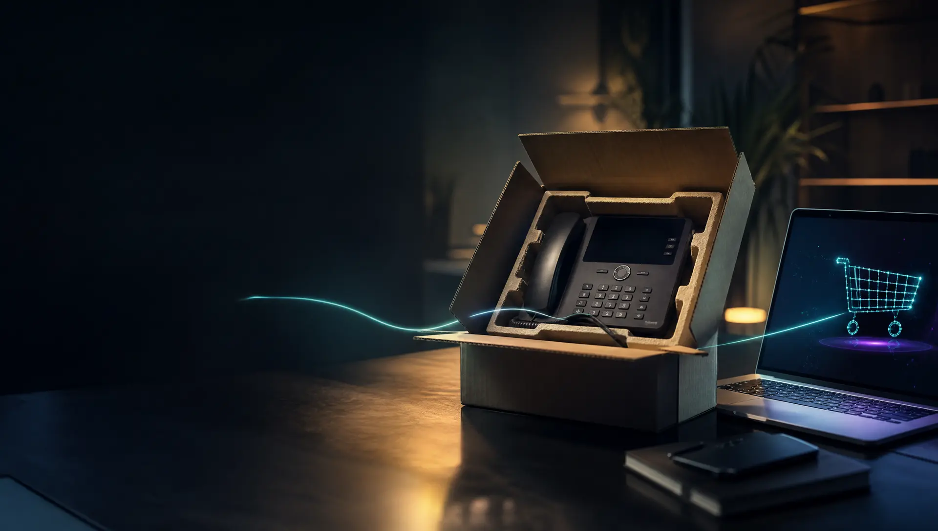 A new desk phone in an open shipping box beside a laptop showing a shopping cart, representing self-service ordering