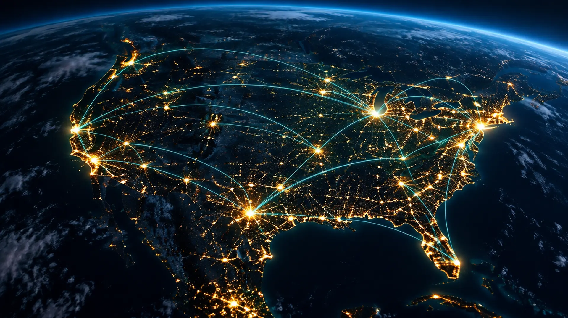 A night view of the United States from orbit with city lights connected by arcs of teal light, representing calls answered coast to coast