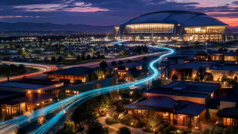 Illustration of a glowing stadium on event night seen from a neighborhood restaurant district, representing Arlington and the Mid-Cities