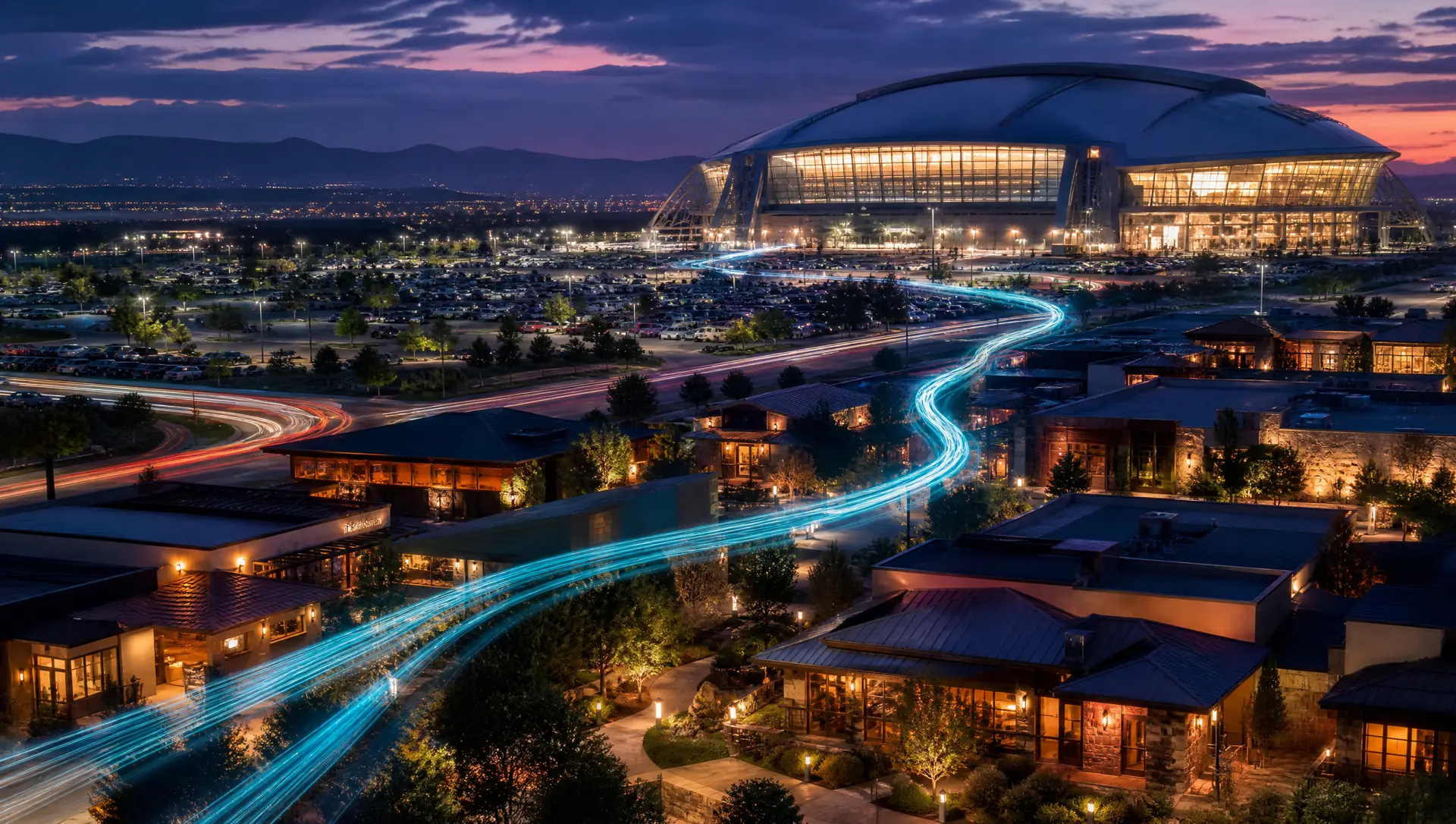 Illustration of a glowing stadium on event night seen from a neighborhood restaurant district, representing Arlington and the Mid-Cities