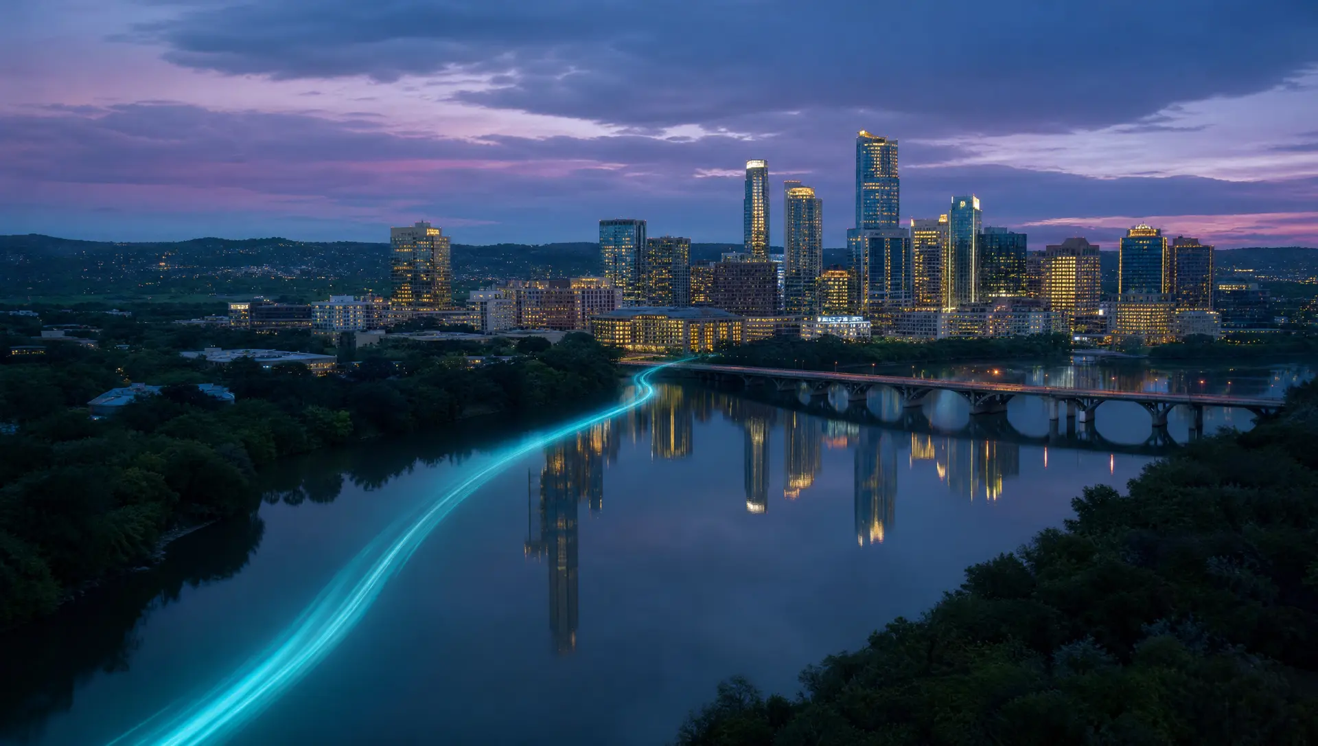 Illustration of a Central Texas skyline reflected in a river lake at dusk, representing Austin