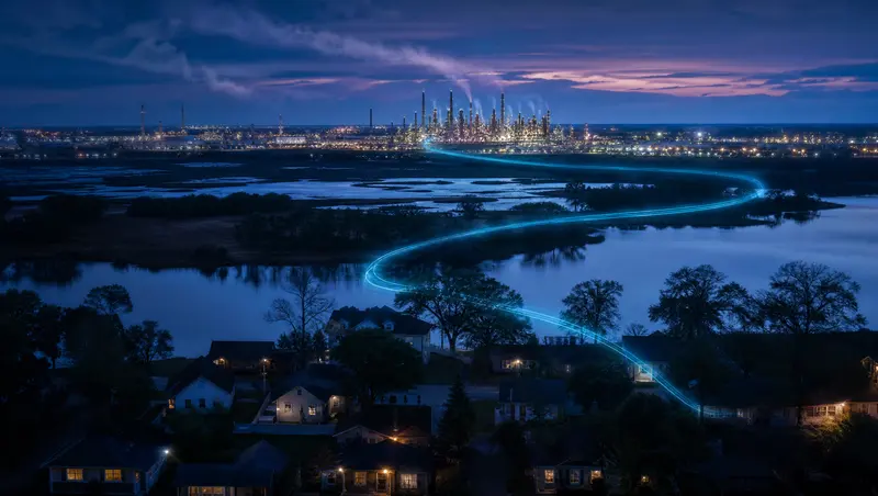 Illustration of refinery lights beyond a cypress-lined bayou and a small town at dusk, representing Beaumont and Port Arthur