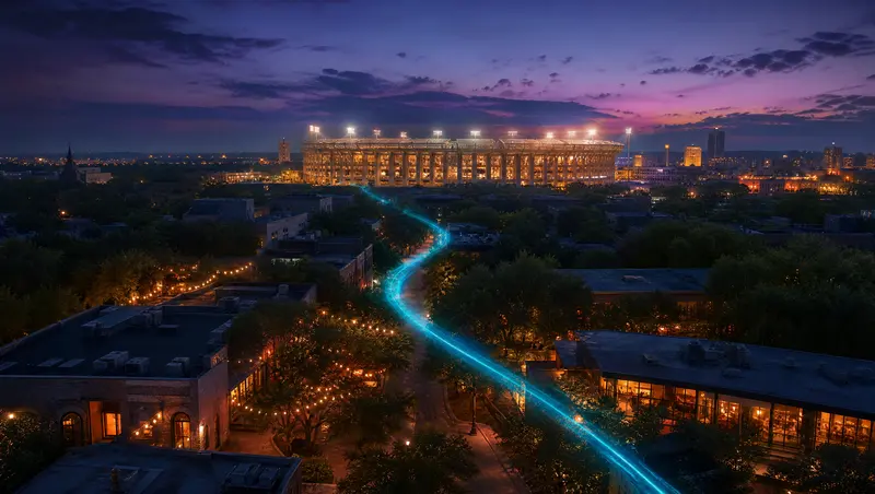 Illustration of a university town on a game weekend evening with a stadium glowing beyond a restaurant district, representing Bryan and College Station
