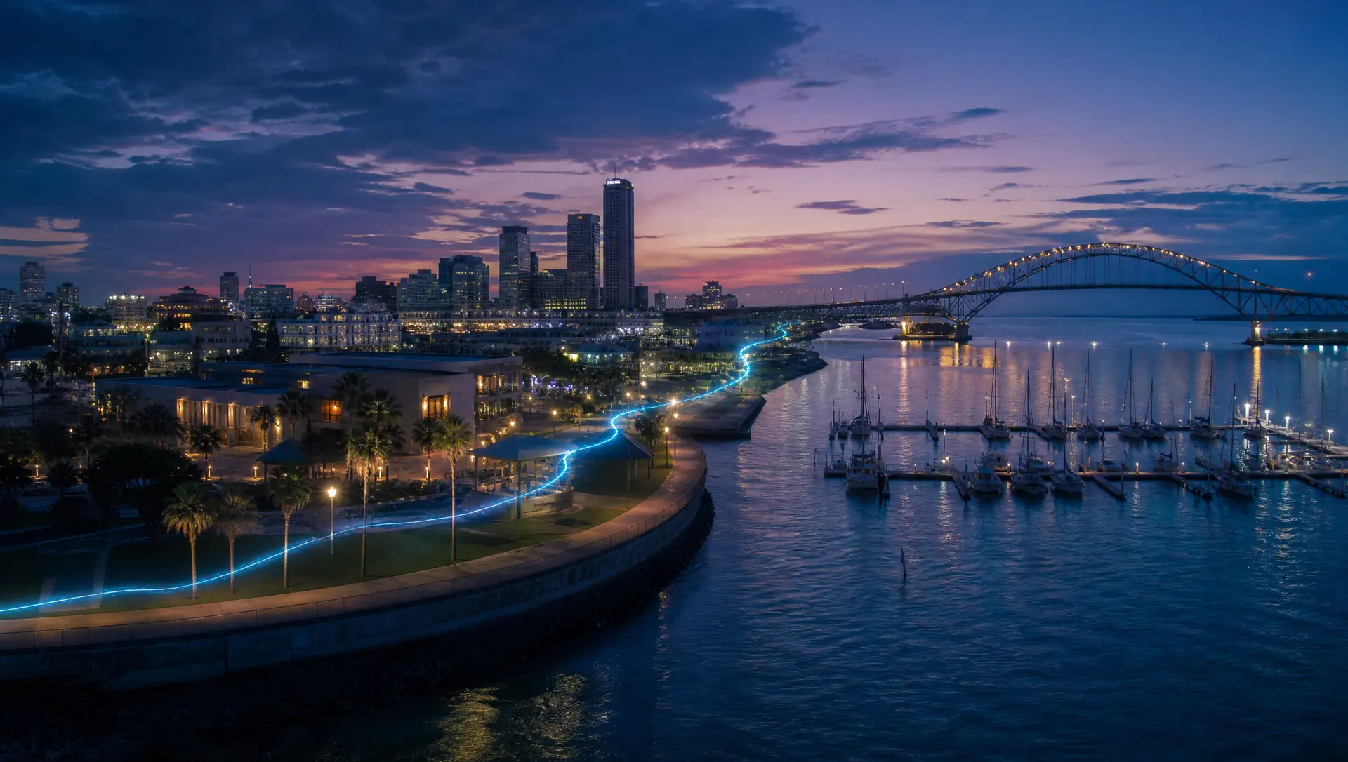 Illustration of a bayfront seawall, marina and harbor bridge at dusk, representing Corpus Christi and the Coastal Bend