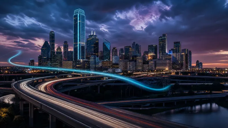 Illustration of a modern North Texas skyline above curving freeways as storm clouds clear, representing Dallas