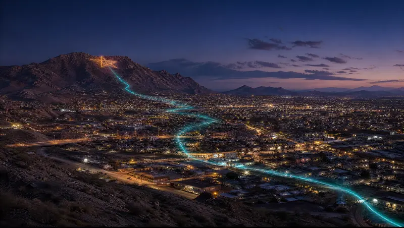 Illustration of a desert city beneath rugged mountains with a lit star on the mountainside at dusk, representing El Paso