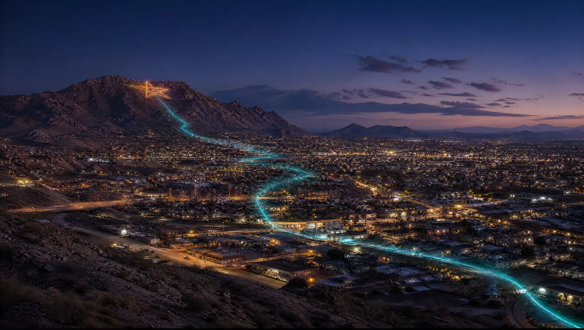 Illustration of a desert city beneath rugged mountains with a lit star on the mountainside at dusk, representing El Paso