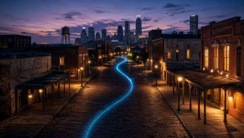 Illustration of a historic brick stockyards street at dusk with a downtown skyline beyond, representing Fort Worth