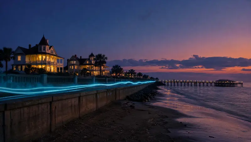 Illustration of a Gulf island seawall, historic buildings and a pleasure pier at dusk, representing Galveston and the Bay Area