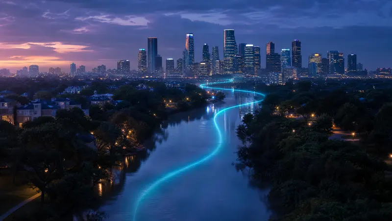 Illustration of a Gulf Coast city skyline across a bayou at dusk with a thread of light carrying a call toward downtown Houston
