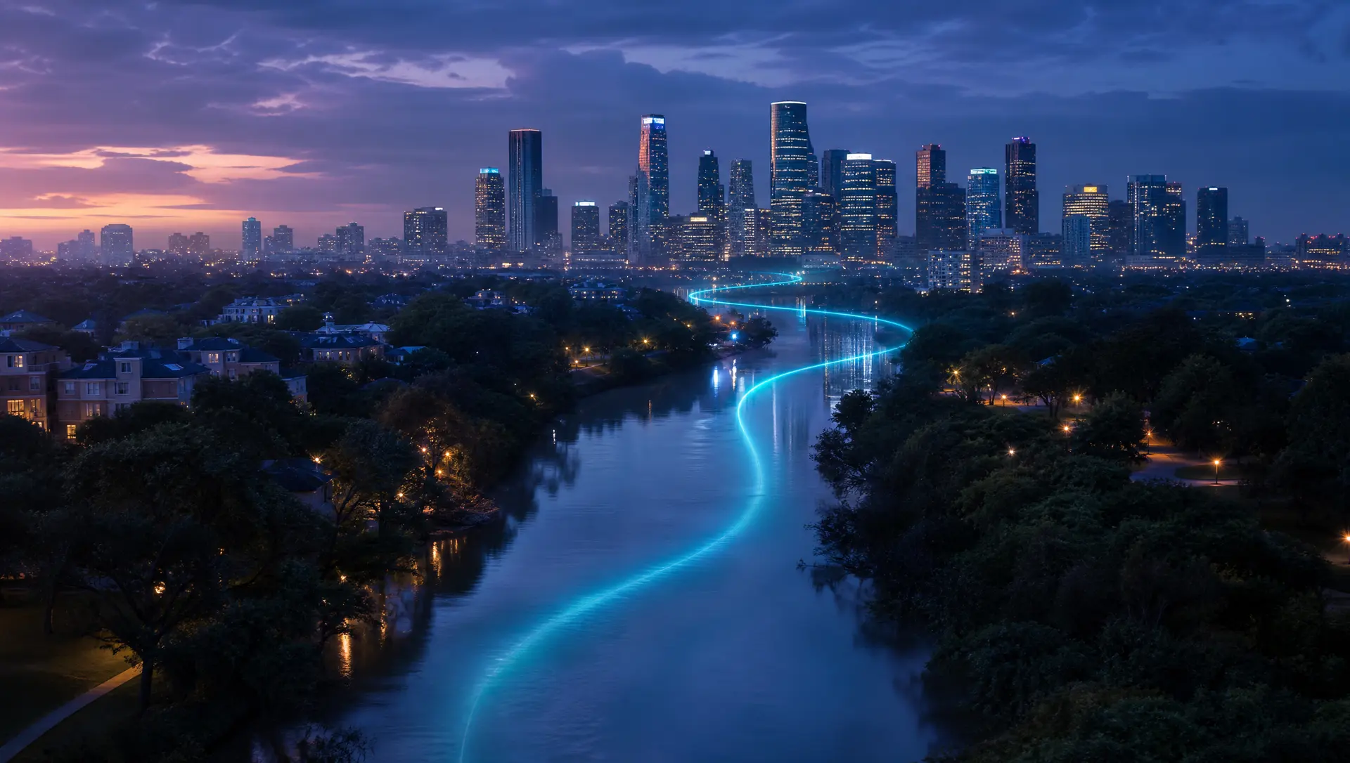 Illustration of a Gulf Coast city skyline across a bayou at dusk with a thread of light carrying a call toward downtown Houston
