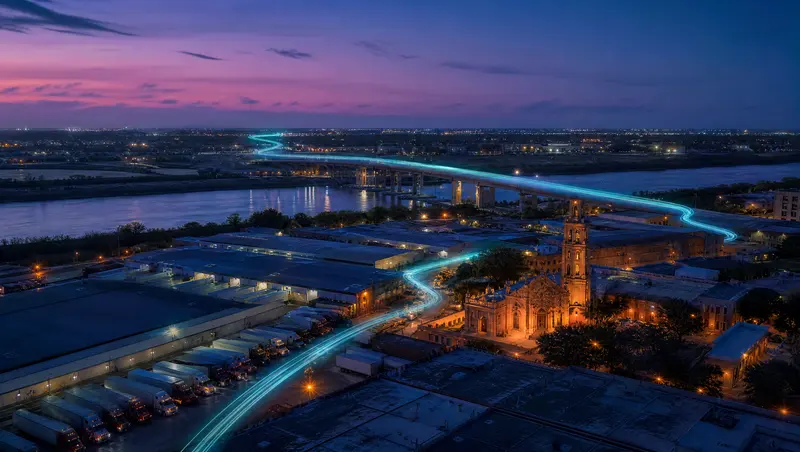 Illustration of an international bridge, lines of trucks and warehouses at dusk, representing Laredo