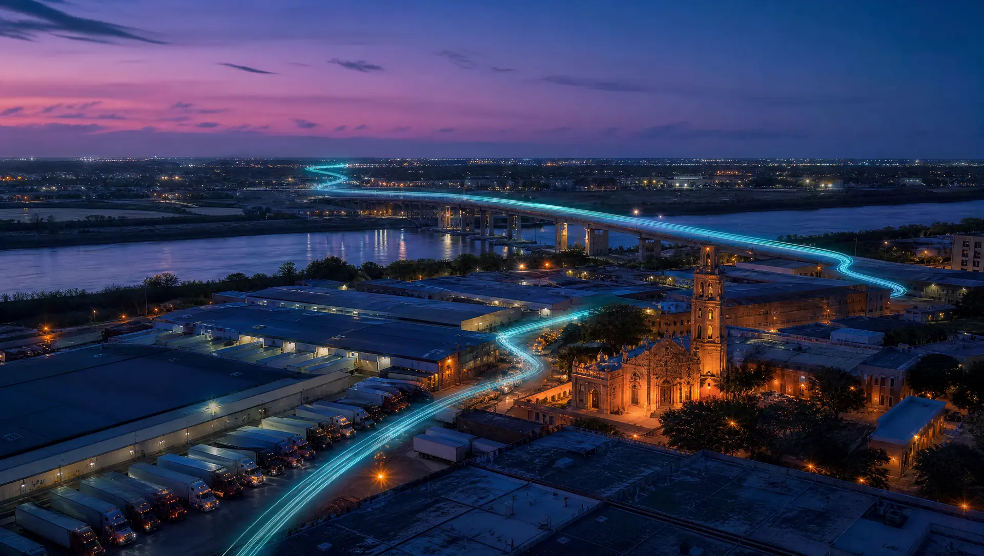 Illustration of an international bridge, lines of trucks and warehouses at dusk, representing Laredo