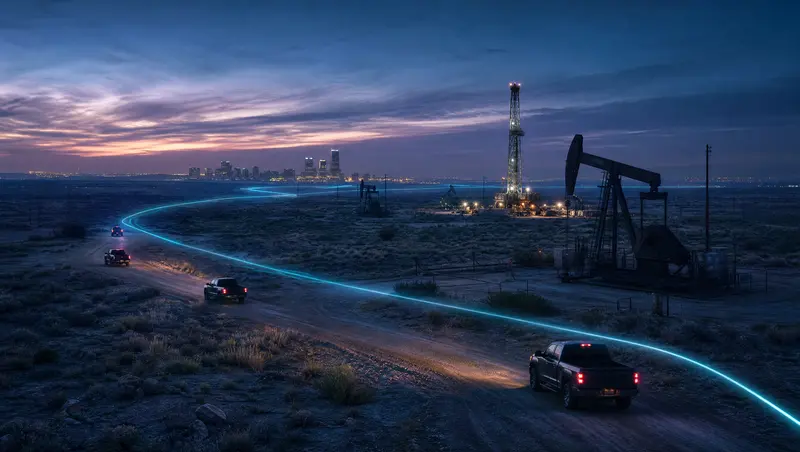 Illustration of pumpjacks and a drilling rig at dusk with a small city skyline on the horizon, representing Midland, Odessa and the Permian Basin