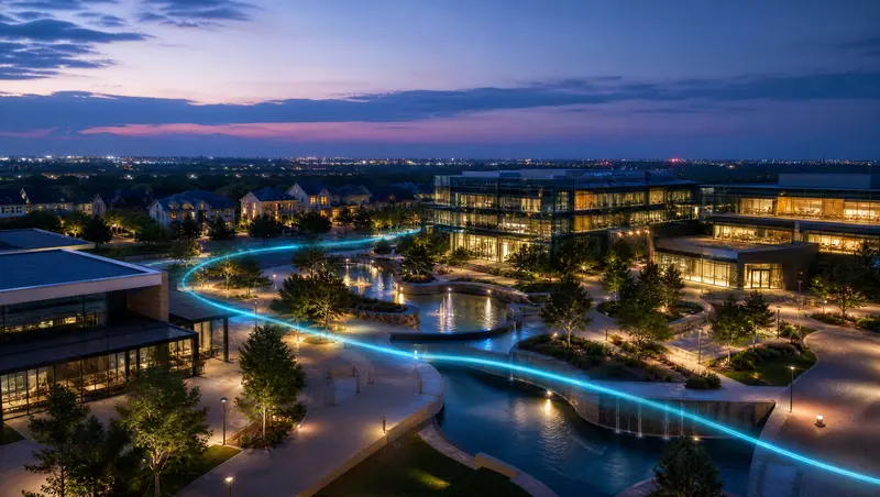Illustration of a corporate campus plaza and new neighborhoods at dusk, representing Plano, Frisco and McKinney