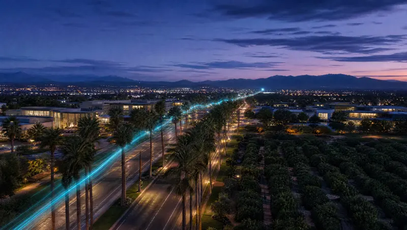 Illustration of a palm-lined boulevard with citrus groves at the edge of town at dusk, representing the Rio Grande Valley