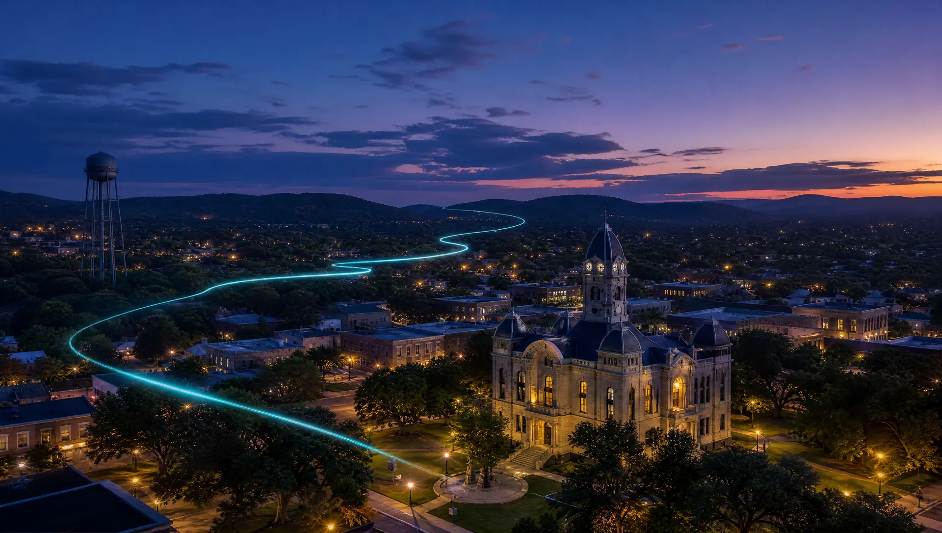 Illustration of a limestone courthouse square and family neighborhoods among oaks at dusk, representing Round Rock and Georgetown
