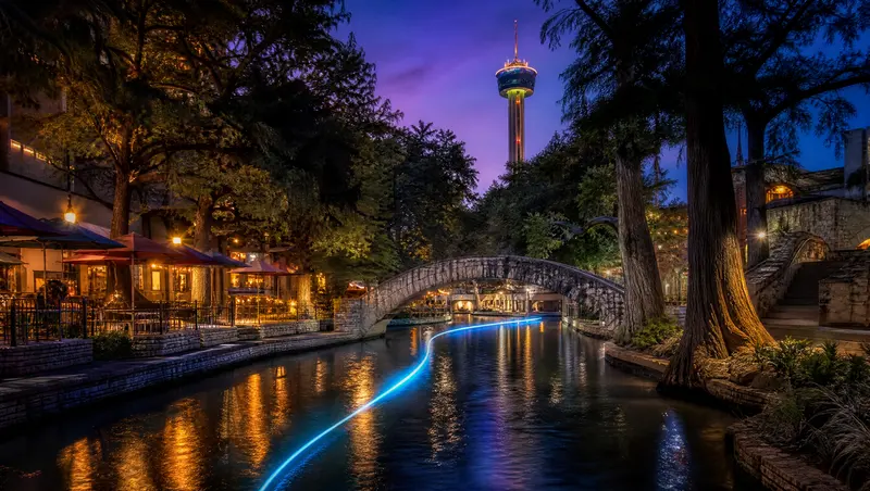Illustration of a river walk with stone footbridges, cypress trees and lantern light at dusk, representing San Antonio