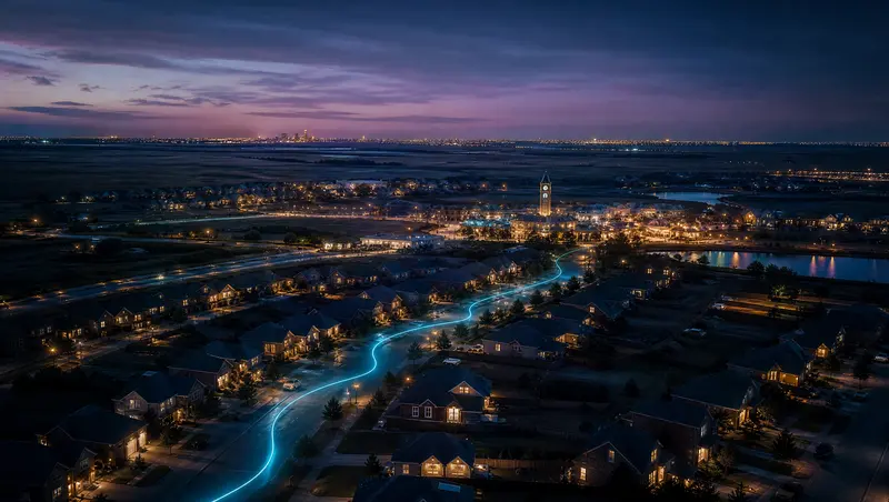Illustration of a new Texas suburb on the coastal prairie at dusk, representing Sugar Land, Katy and Fort Bend County