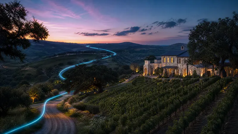 Illustration of Hill Country vineyards, a limestone winery and a winding ranch road at dusk, representing Fredericksburg and the Texas Hill Country