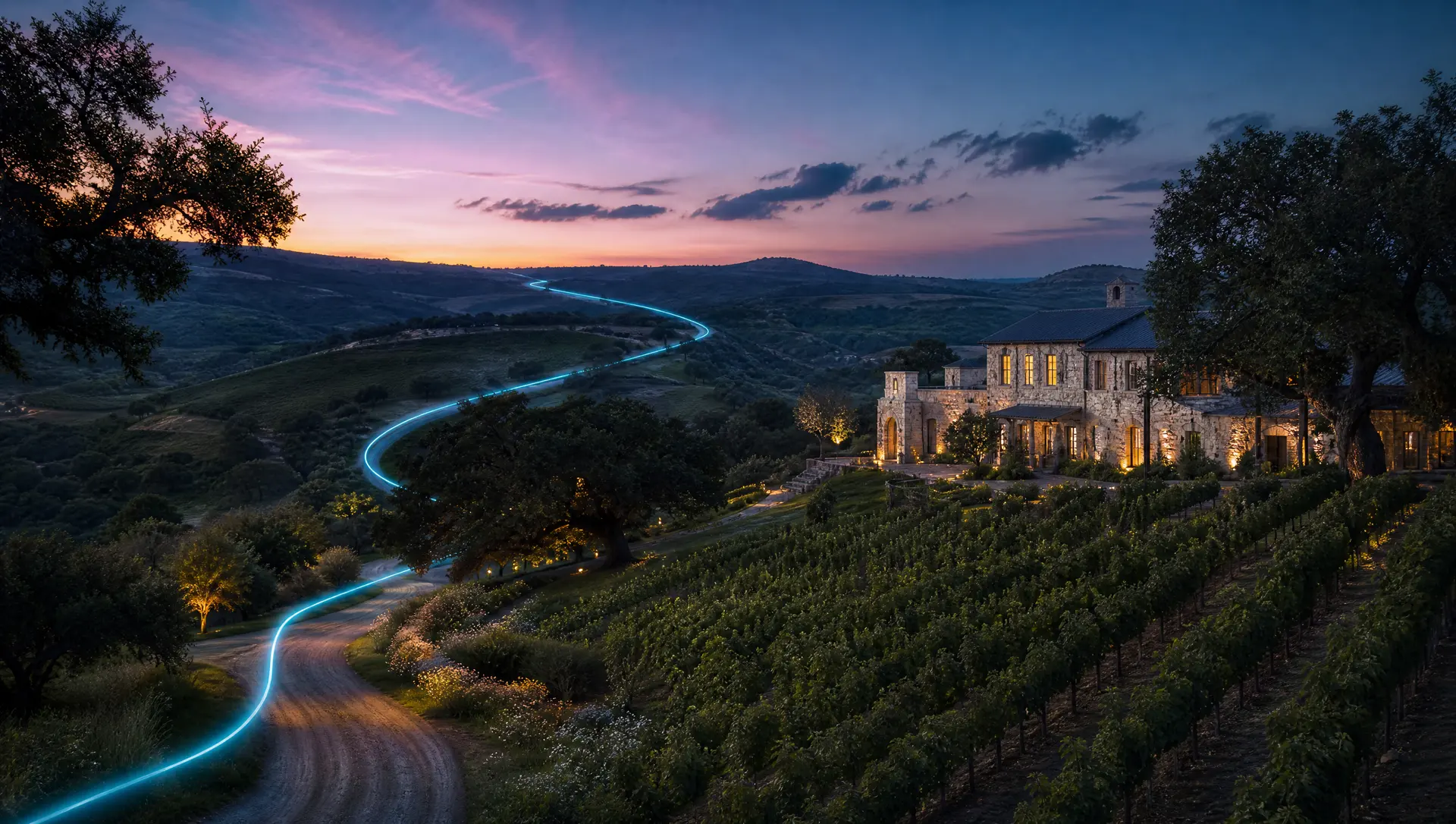 Illustration of Hill Country vineyards, a limestone winery and a winding ranch road at dusk, representing Fredericksburg and the Texas Hill Country
