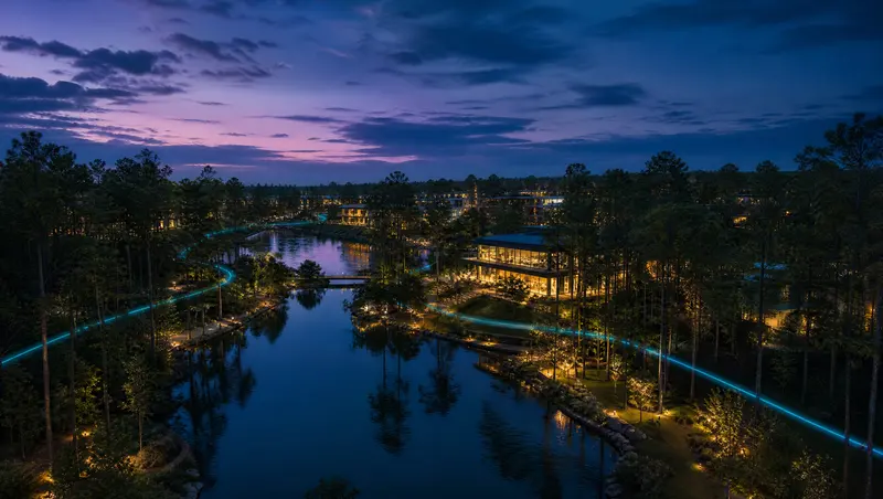 Illustration of a master-planned community among tall pines beside a lake at dusk, representing The Woodlands and Conroe