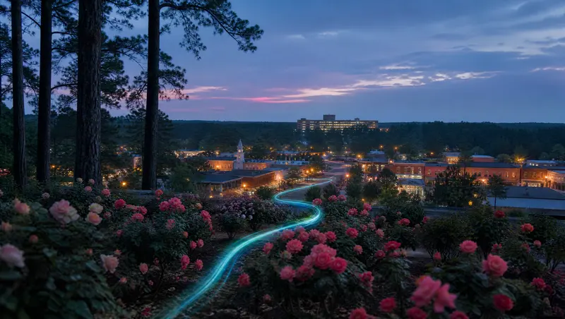 Illustration of a rose garden and a brick downtown among tall pines at dusk, representing Tyler, Longview and East Texas