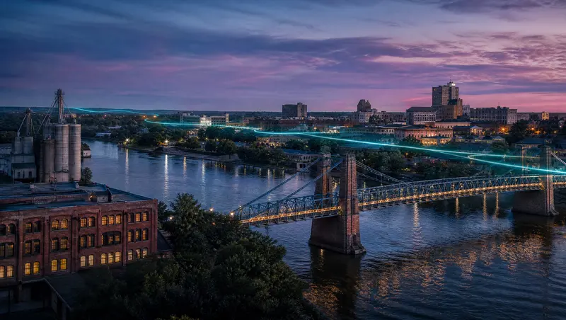 Illustration of a historic suspension bridge over a wide river beside old brick warehouses at dusk, representing Waco and Central Texas